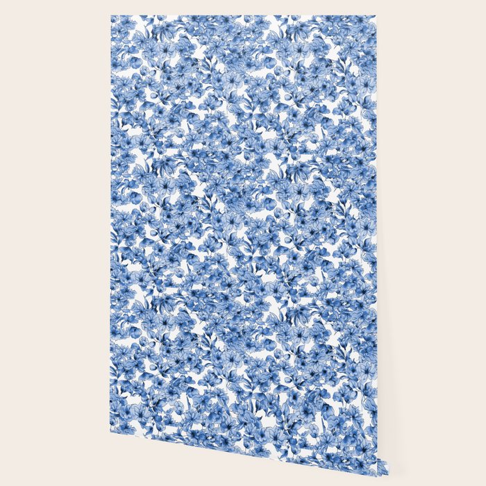 Abstract watercolor navy blue white floral illustration Wallpaper Gallery Image 2