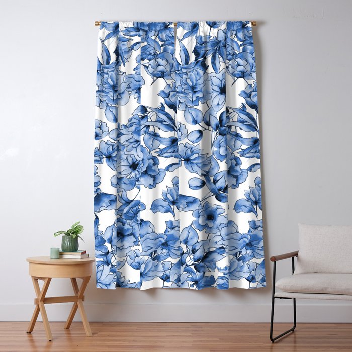 Abstract watercolor navy blue white floral illustration Window Curtain Gallery Image 1