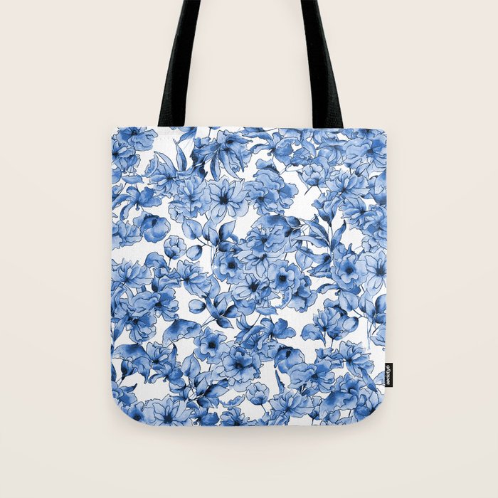 Abstract watercolor navy blue white floral illustration Tote Bag Gallery Image 1