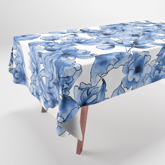 Abstract watercolor navy blue white floral illustration Tablecloth Gallery Image 1