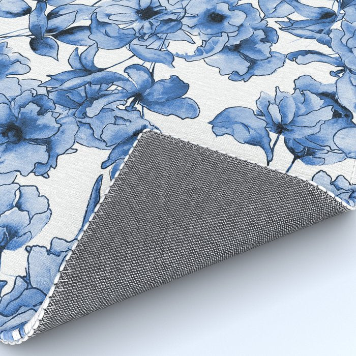 Abstract watercolor navy blue white floral illustration Rug Gallery Image 4