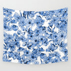 Abstract watercolor navy blue white floral illustration Wall Tapestry Gallery Image 4