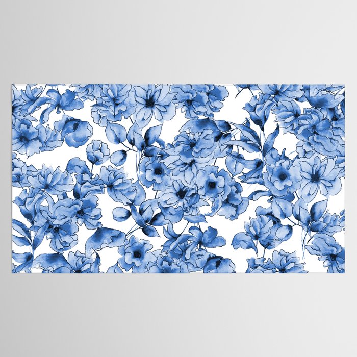 Abstract watercolor navy blue white floral illustration Tablecloth Gallery Image 2