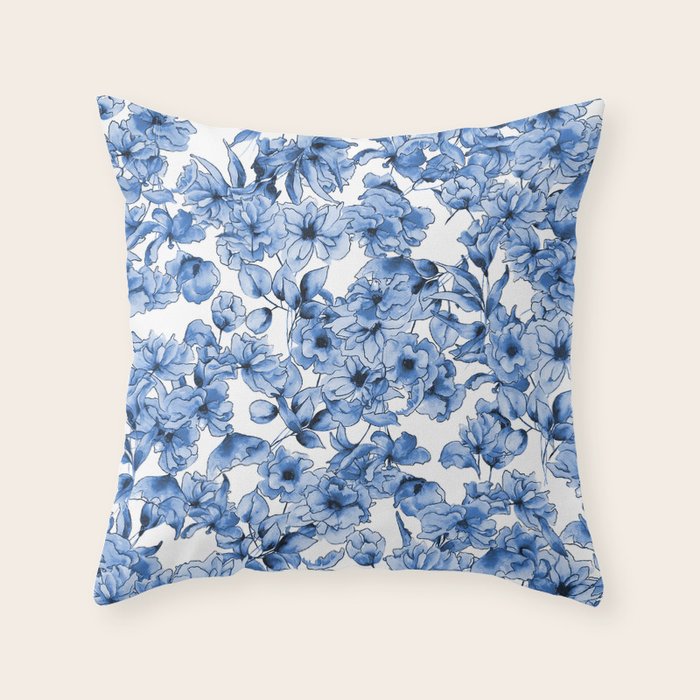 Abstract watercolor navy blue white floral illustration Throw Pillow Gallery Image 1