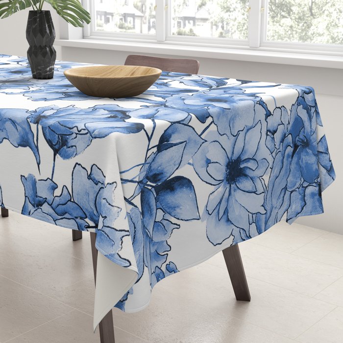Abstract watercolor navy blue white floral illustration Tablecloth Gallery Image 3