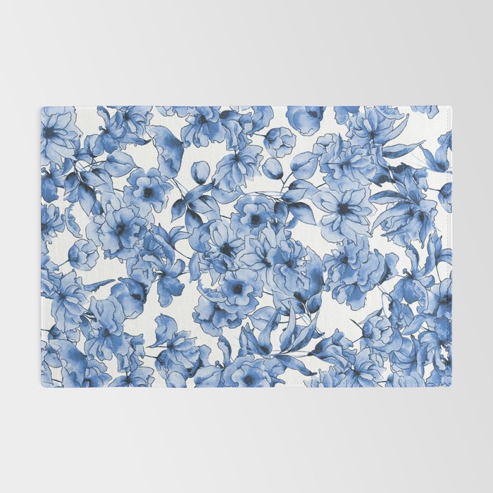 Abstract watercolor navy blue white floral illustration Rug Gallery Image 2