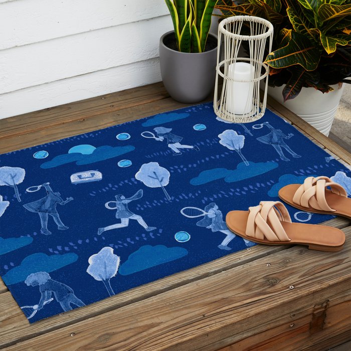 Let's Play Tennis in Navy Blue Outdoor Rug Gallery Image 2