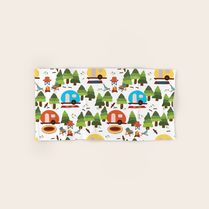 Campsite with caravans, campfire, camping chairs, trees, carpet, birds. Camping in the forest. Campground. RV. Camp night. Big scale. Bath Towel Gallery Image 1