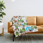 Campsite with caravans, campfire, camping chairs, trees, carpet, birds. Camping in the forest. Campground. RV. Camp night. Big scale. Throw Blanket Gallery Image 1