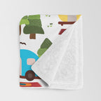 Campsite with caravans, campfire, camping chairs, trees, carpet, birds. Camping in the forest. Campground. RV. Camp night. Big scale. Throw Blanket Gallery Image 3