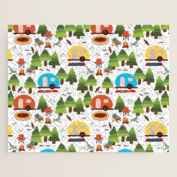 Campsite with caravans, campfire, camping chairs, trees, carpet, birds. Camping in the forest. Campground. RV. Camp night. Big scale. Jigsaw Puzzle Gallery Image 1