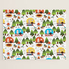 Campsite with caravans, campfire, camping chairs, trees, carpet, birds. Camping in the forest. Campground. RV. Camp night. Big scale. Jigsaw Puzzle Gallery Image 1