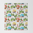Campsite with caravans, campfire, camping chairs, trees, carpet, birds. Camping in the forest. Campground. RV. Camp night. Big scale. Throw Blanket Gallery Image 2