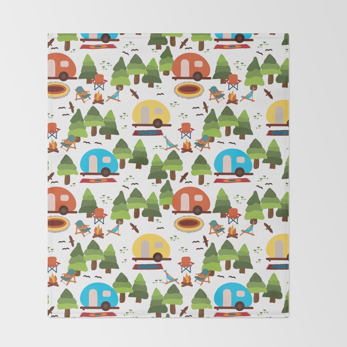 Campsite with caravans, campfire, camping chairs, trees, carpet, birds. Camping in the forest. Campground. RV. Camp night. Big scale. Throw Blanket Gallery Image 2