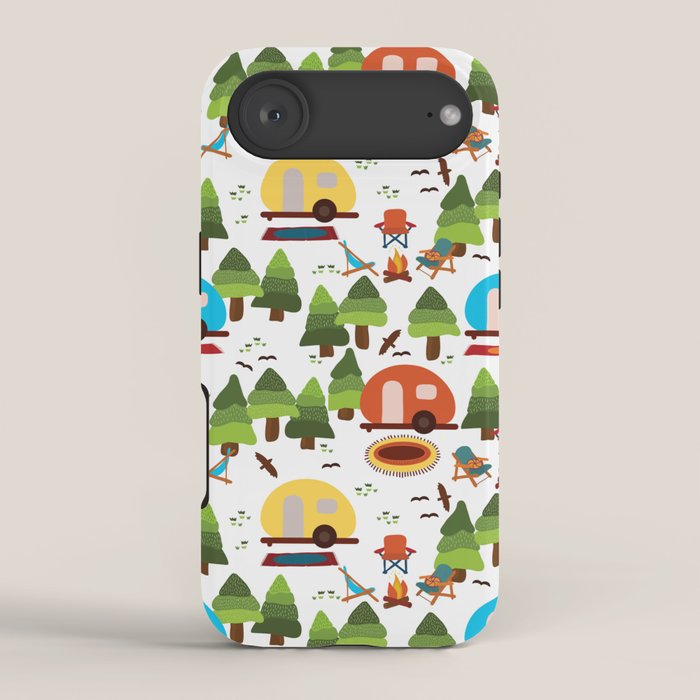 Campsite with caravans, campfire, camping chairs, trees, carpet, birds. Camping in the forest. Campground. RV. Camp night. Big scale. iPhone Case Gallery Image 2