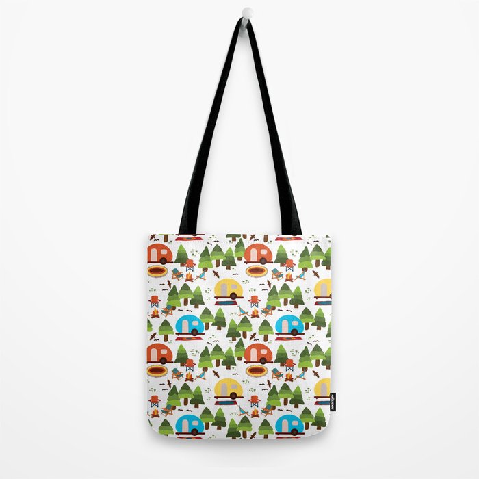 Campsite with caravans, campfire, camping chairs, trees, carpet, birds. Camping in the forest. Campground. RV. Camp night. Big scale. Tote Bag Gallery Image 2