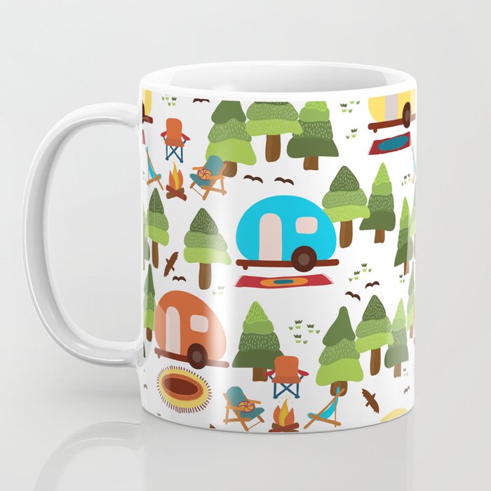 Campsite with caravans, campfire, camping chairs, trees, carpet, birds. Camping in the forest. Campground. RV. Camp night. Big scale. Coffee Mug Gallery Image 3