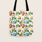 Campsite with caravans, campfire, camping chairs, trees, carpet, birds. Camping in the forest. Campground. RV. Camp night. Big scale. Tote Bag Gallery Image 1