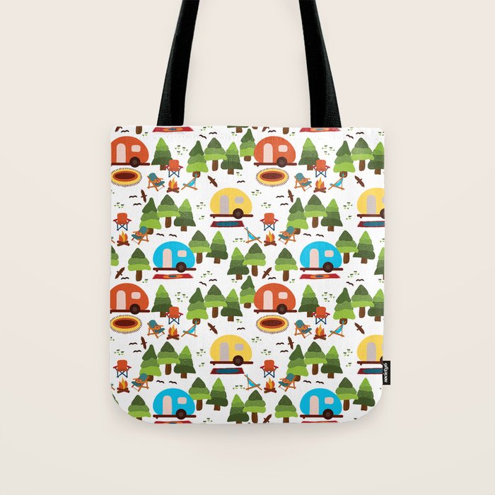 Campsite with caravans, campfire, camping chairs, trees, carpet, birds. Camping in the forest. Campground. RV. Camp night. Big scale. Tote Bag Gallery Image 1