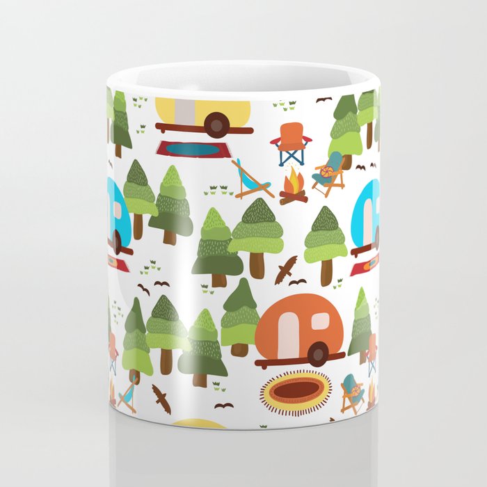 Campsite with caravans, campfire, camping chairs, trees, carpet, birds. Camping in the forest. Campground. RV. Camp night. Big scale. Coffee Mug Gallery Image 4