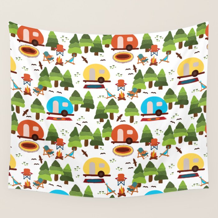 Campsite with caravans, campfire, camping chairs, trees, carpet, birds. Camping in the forest. Campground. RV. Camp night. Big scale. Wall Tapestry Gallery Image 1