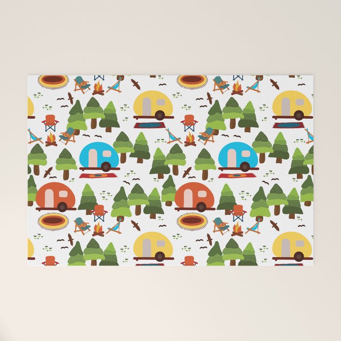 Campsite with caravans, campfire, camping chairs, trees, carpet, birds. Camping in the forest. Campground. RV. Camp night. Big scale. Welcome Mat Gallery Image 1