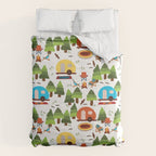 Campsite with caravans, campfire, camping chairs, trees, carpet, birds. Camping in the forest. Campground. RV. Camp night. Big scale. Comforter Gallery Image 6