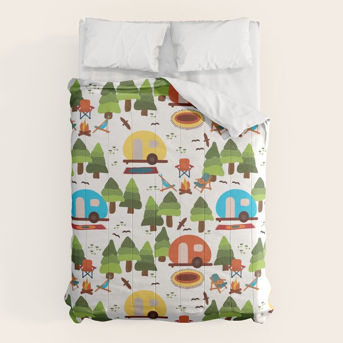 Campsite with caravans, campfire, camping chairs, trees, carpet, birds. Camping in the forest. Campground. RV. Camp night. Big scale. Comforter Gallery Image 6