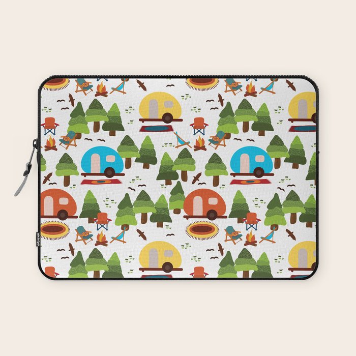 Campsite with caravans, campfire, camping chairs, trees, carpet, birds. Camping in the forest. Campground. RV. Camp night. Big scale. Laptop Sleeve Gallery Image 1