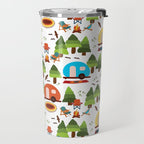 Campsite with caravans, campfire, camping chairs, trees, carpet, birds. Camping in the forest. Campground. RV. Camp night. Big scale. Travel Mug Gallery Image 2