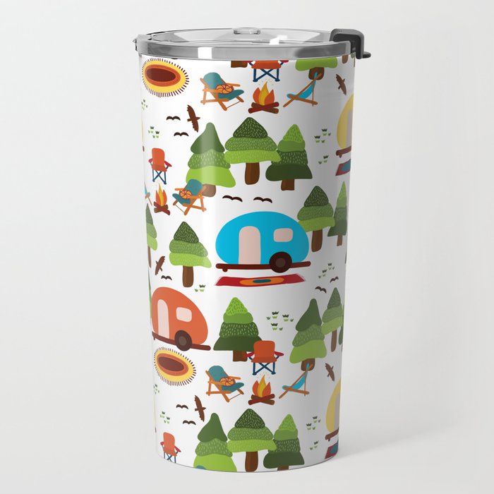Campsite with caravans, campfire, camping chairs, trees, carpet, birds. Camping in the forest. Campground. RV. Camp night. Big scale. Travel Mug Gallery Image 2