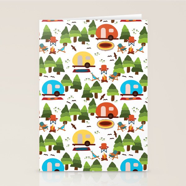 Campsite with caravans, campfire, camping chairs, trees, carpet, birds. Camping in the forest. Campground. RV. Camp night. Big scale. Stationery Card Gallery Image 1