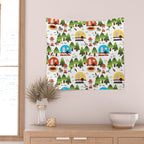 Campsite with caravans, campfire, camping chairs, trees, carpet, birds. Camping in the forest. Campground. RV. Camp night. Big scale. Wall Tapestry Gallery Image 2