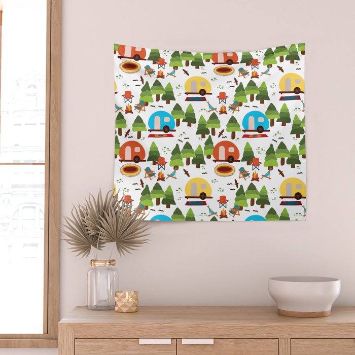 Campsite with caravans, campfire, camping chairs, trees, carpet, birds. Camping in the forest. Campground. RV. Camp night. Big scale. Wall Tapestry Gallery Image 2
