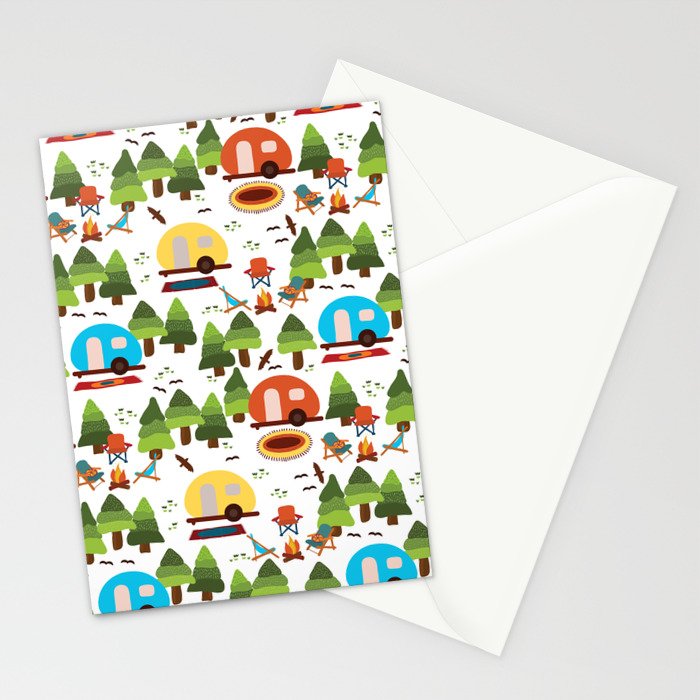 Campsite with caravans, campfire, camping chairs, trees, carpet, birds. Camping in the forest. Campground. RV. Camp night. Big scale. Stationery Card Gallery Image 2
