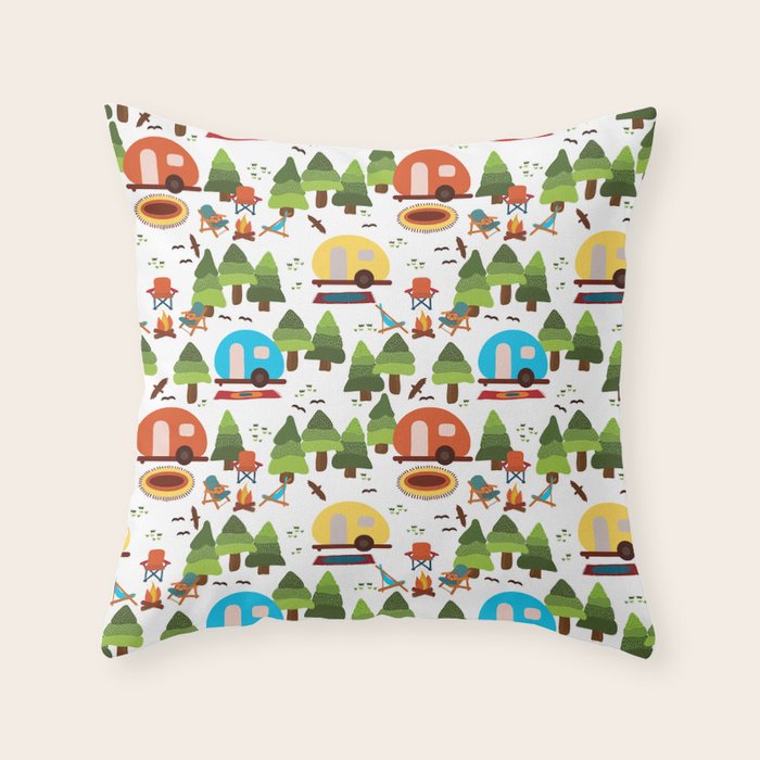 Campsite with caravans, campfire, camping chairs, trees, carpet, birds. Camping in the forest. Campground. RV. Camp night. Big scale. Throw Pillow Gallery Image 6