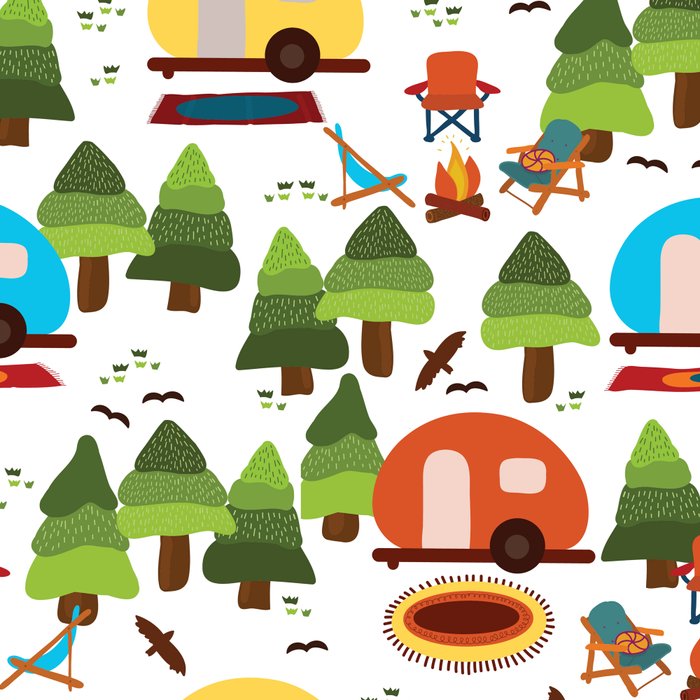 Campsite with caravans, campfire, camping chairs, trees, carpet, birds. Camping in the forest. Campground. RV. Camp night. Big scale. Coffee Mug Gallery Image 2