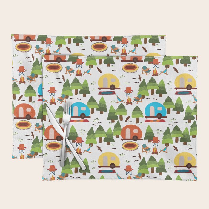 Campsite with caravans, campfire, camping chairs, trees, carpet, birds. Camping in the forest. Campground. RV. Camp night. Big scale. Placemat Gallery Image 1