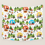 Campsite with caravans, campfire, camping chairs, trees, carpet, birds. Camping in the forest. Campground. RV. Camp night. Big scale. Wall Tapestry Gallery Image 4