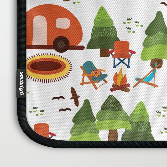 Campsite with caravans, campfire, camping chairs, trees, carpet, birds. Camping in the forest. Campground. RV. Camp night. Big scale. Laptop Sleeve Gallery Image 3