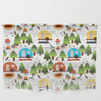 Campsite with caravans, campfire, camping chairs, trees, carpet, birds. Camping in the forest. Campground. RV. Camp night. Big scale. Wall Hanging Gallery Image 1