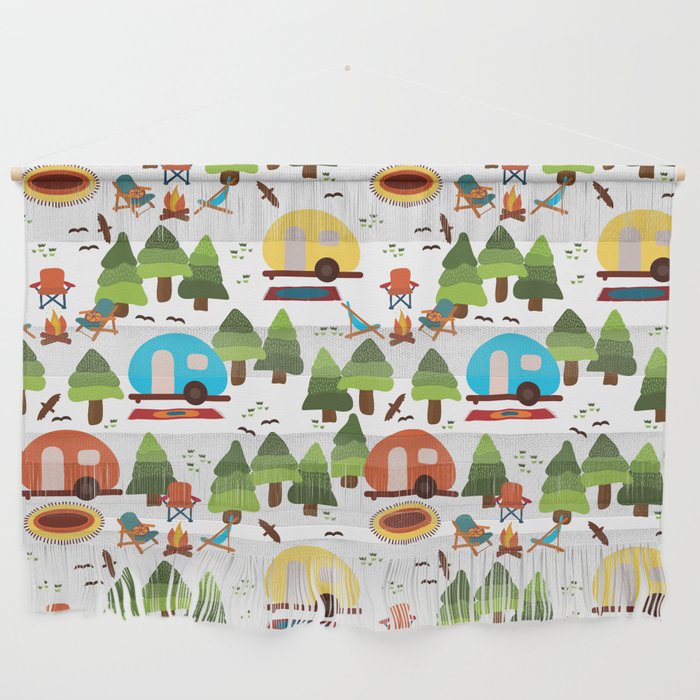 Campsite with caravans, campfire, camping chairs, trees, carpet, birds. Camping in the forest. Campground. RV. Camp night. Big scale. Wall Hanging Gallery Image 1