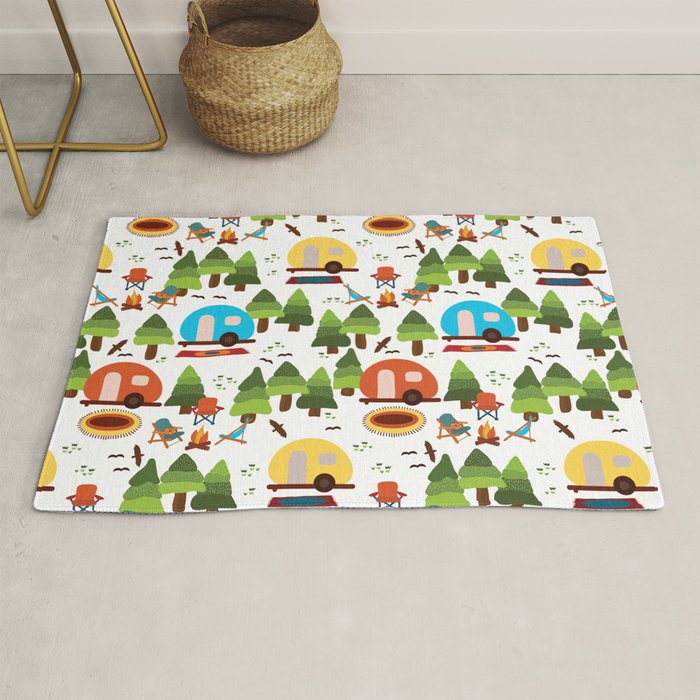 Campsite with caravans, campfire, camping chairs, trees, carpet, birds. Camping in the forest. Campground. RV. Camp night. Big scale. Rug Gallery Image 1