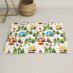 Campsite with caravans, campfire, camping chairs, trees, carpet, birds. Camping in the forest. Campground. RV. Camp night. Big scale. Rug Gallery Image 1