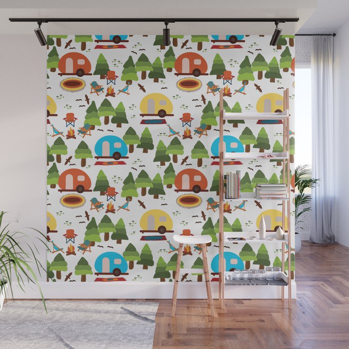 Campsite with caravans, campfire, camping chairs, trees, carpet, birds. Camping in the forest. Campground. RV. Camp night. Big scale. Wall Mural Gallery Image 1