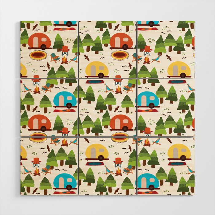 Campsite with caravans, campfire, camping chairs, trees, carpet, birds. Camping in the forest. Campground. RV. Camp night. Big scale. Wood Wall Art Gallery Image 1