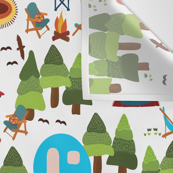 Campsite with caravans, campfire, camping chairs, trees, carpet, birds. Camping in the forest. Campground. RV. Camp night. Big scale. Wall Tapestry Gallery Image 3