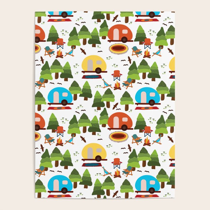 Campsite with caravans, campfire, camping chairs, trees, carpet, birds. Camping in the forest. Campground. RV. Camp night. Big scale. Poster Gallery Image 1