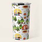 Campsite with caravans, campfire, camping chairs, trees, carpet, birds. Camping in the forest. Campground. RV. Camp night. Big scale. Travel Mug Gallery Image 1