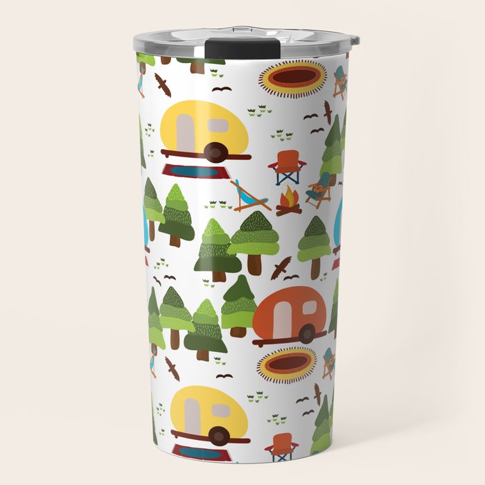 Campsite with caravans, campfire, camping chairs, trees, carpet, birds. Camping in the forest. Campground. RV. Camp night. Big scale. Travel Mug Gallery Image 1